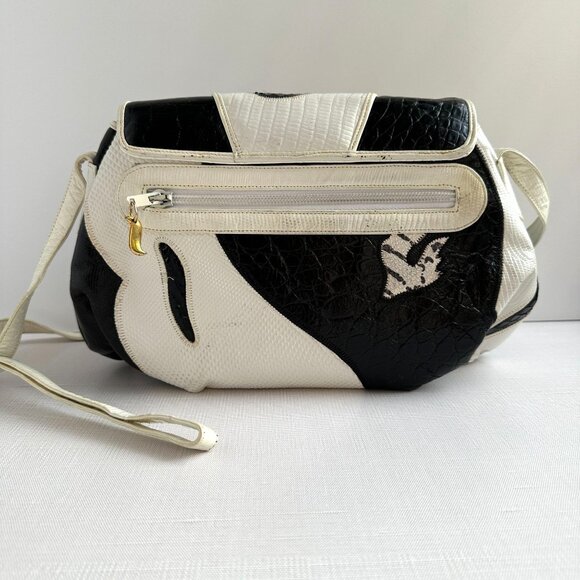 1980s Sharif Black and White Leather Crossbody - Picture 9 of 13